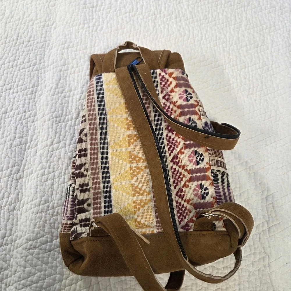Belize Souvenir Mini Backpack Boho Suede Woven Geometric Sling Bag Brown Multi